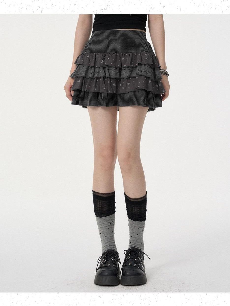 VEEMIX Black Star Print Layered Pleated Cake Women's Cotton Stretch Mini Skirts