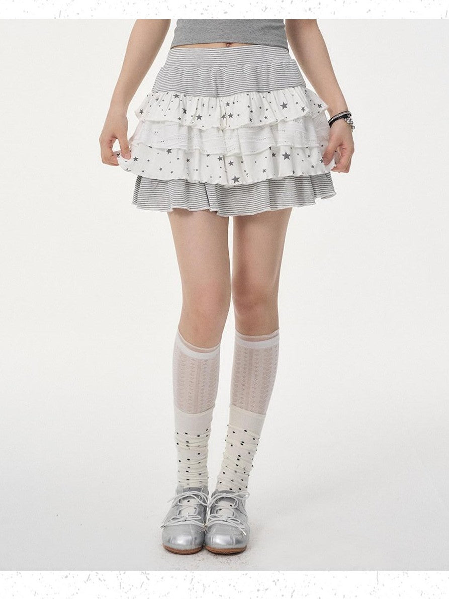 VEEMIX Black Star Print Layered Pleated Cake Women's Cotton Stretch Mini Skirts