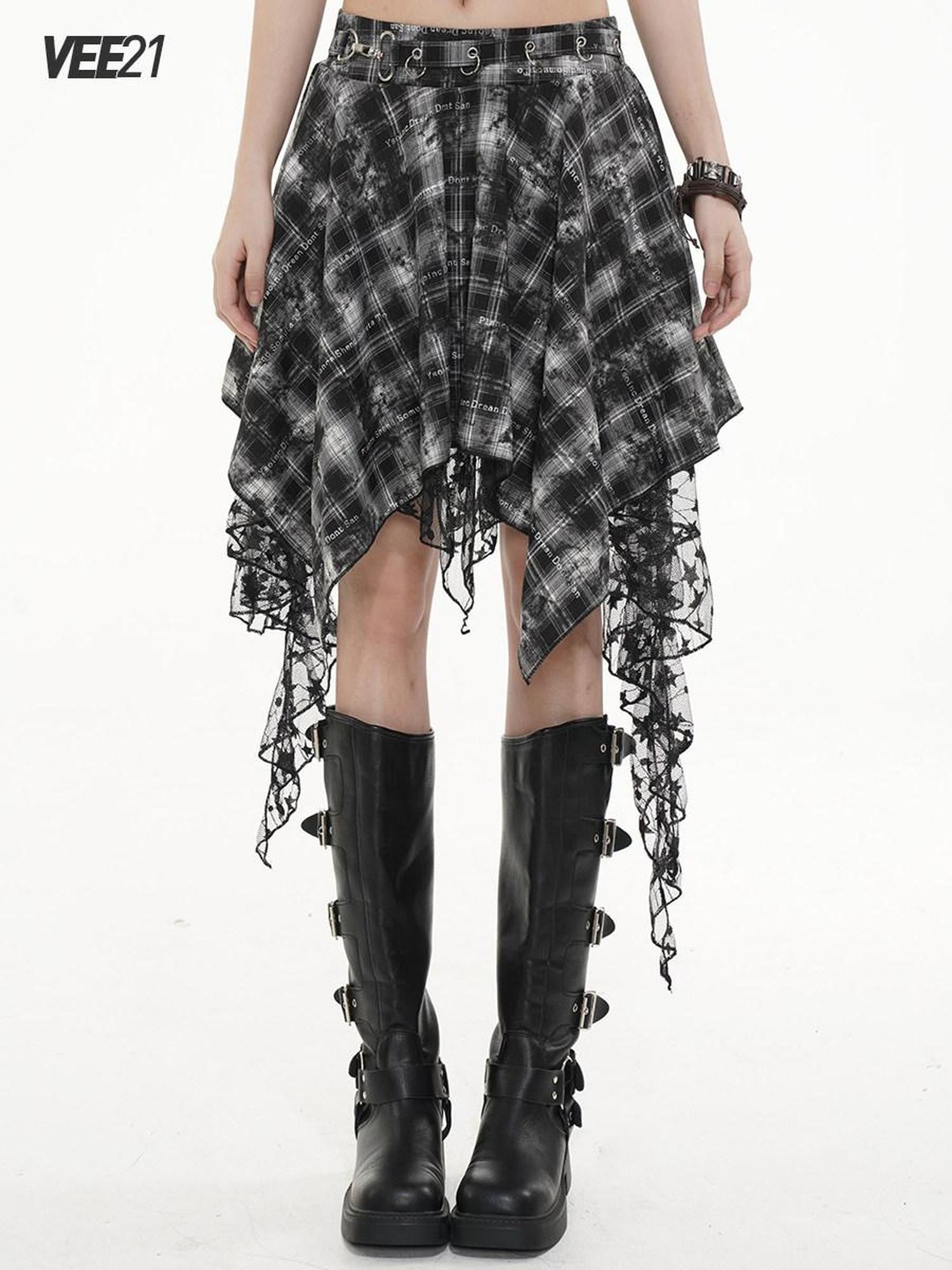 VEEMIX Black White Plaid Asymmetric Irregular Hem A Line Women's Lace Midi Skirts