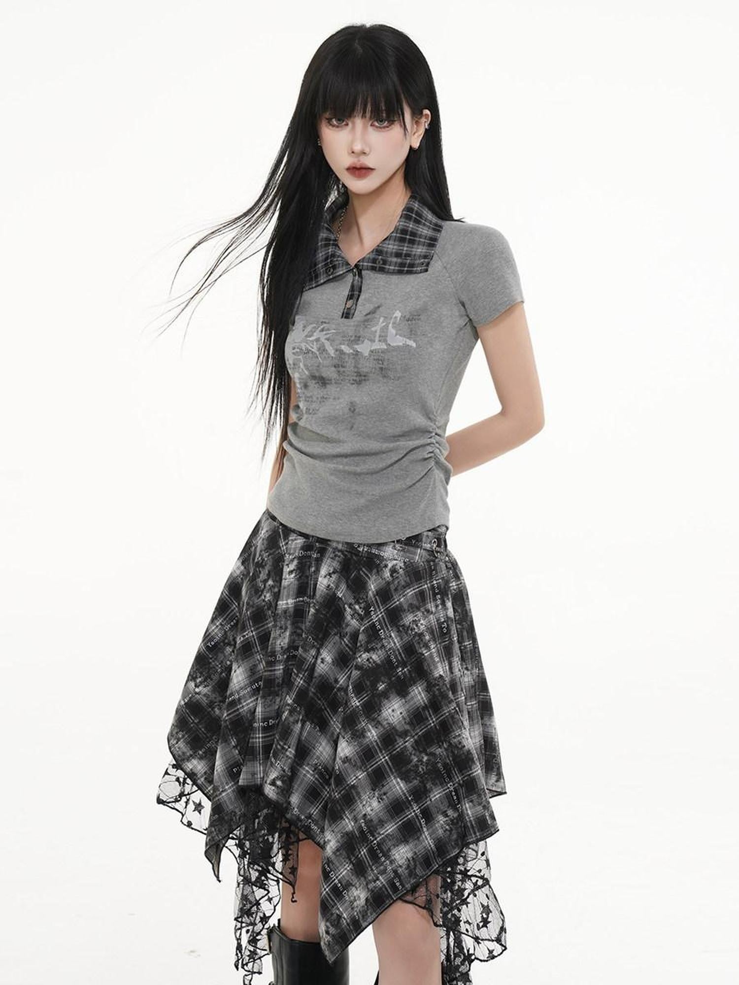 VEEMIX Black White Plaid Asymmetric Irregular Hem A Line Women's Lace Midi Skirts