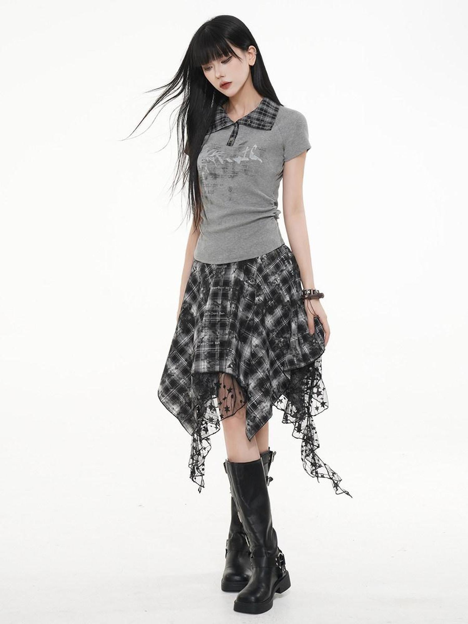 VEEMIX Black White Plaid Asymmetric Irregular Hem A Line Women's Lace Midi Skirts