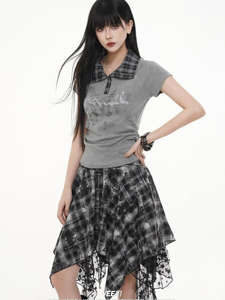 VEEMIX Black White Plaid Asymmetric Irregular Hem A Line Women's Lace Midi Skirts