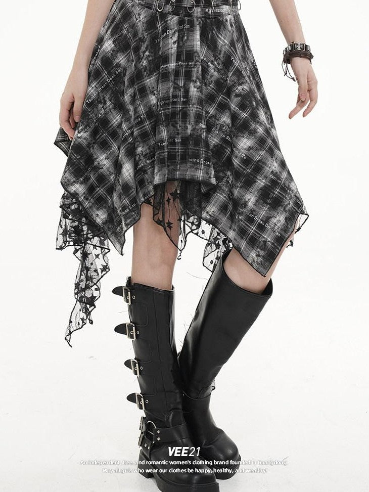 VEEMIX Black White Plaid Asymmetric Irregular Hem A Line Women's Lace Midi Skirts