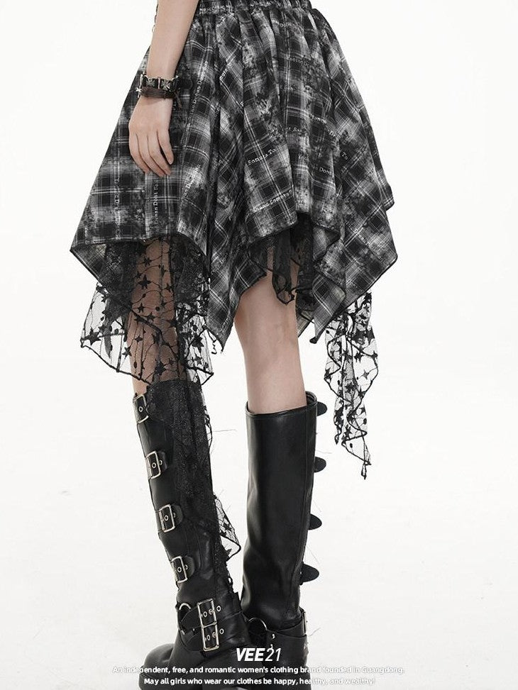 VEEMIX Black White Plaid Asymmetric Irregular Hem A Line Women's Lace Midi Skirts