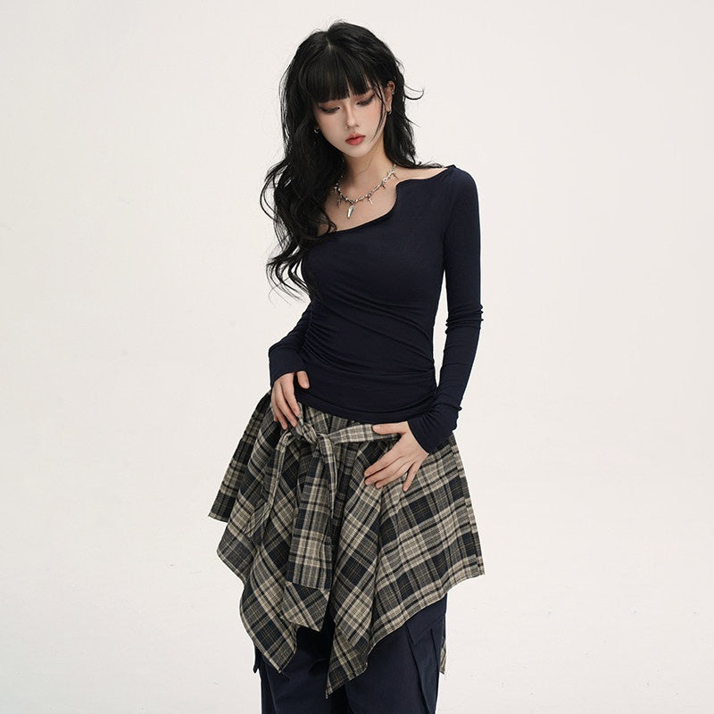 VEEMIX_Blue_Asymmetric_Neckline_Cinched_Waist_Women's_Long_Sleeve_T-shirts_971278012810_MISSTT