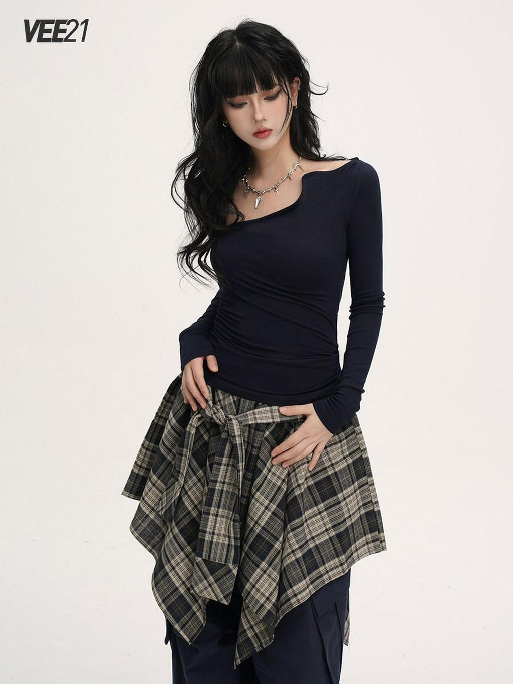 VEEMIX Blue Asymmetric Neckline Cinched Waist Women's Long Sleeve T-shirts