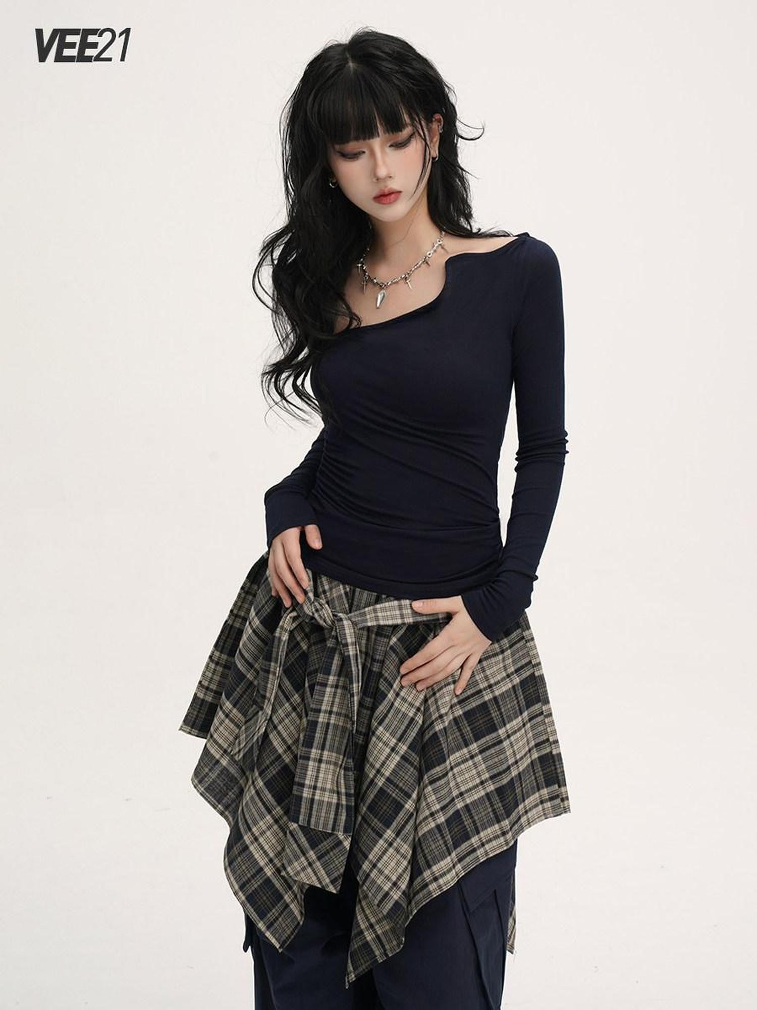 VEEMIX Blue Asymmetric Neckline Cinched Waist Women's Long Sleeve T-shirts