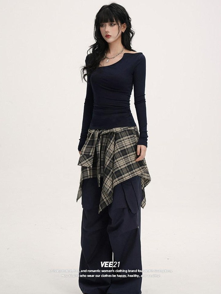 VEEMIX Blue Asymmetric Neckline Cinched Waist Women's Long Sleeve T-shirts