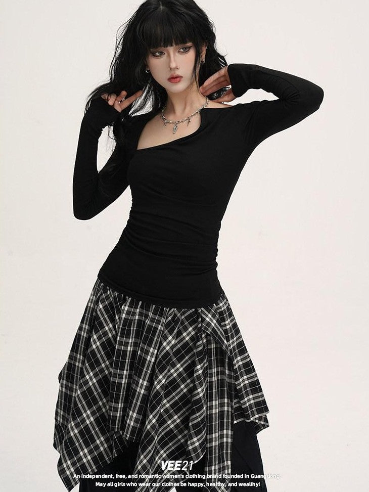 VEEMIX Blue Asymmetric Neckline Cinched Waist Women's Long Sleeve T-shirts