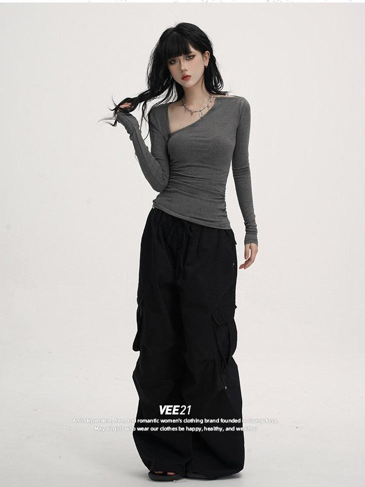 VEEMIX Blue Asymmetric Neckline Cinched Waist Women's Long Sleeve T-shirts