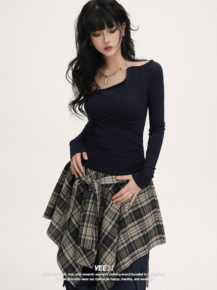 VEEMIX Blue Asymmetric Neckline Cinched Waist Women's Long Sleeve T-shirts
