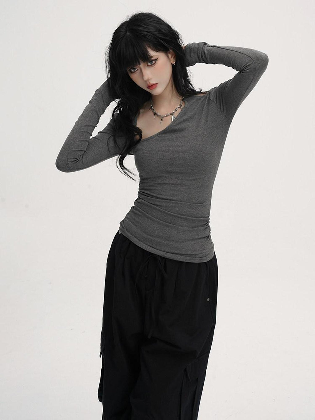 VEEMIX Blue Asymmetric Neckline Cinched Waist Women's Long Sleeve T-shirts