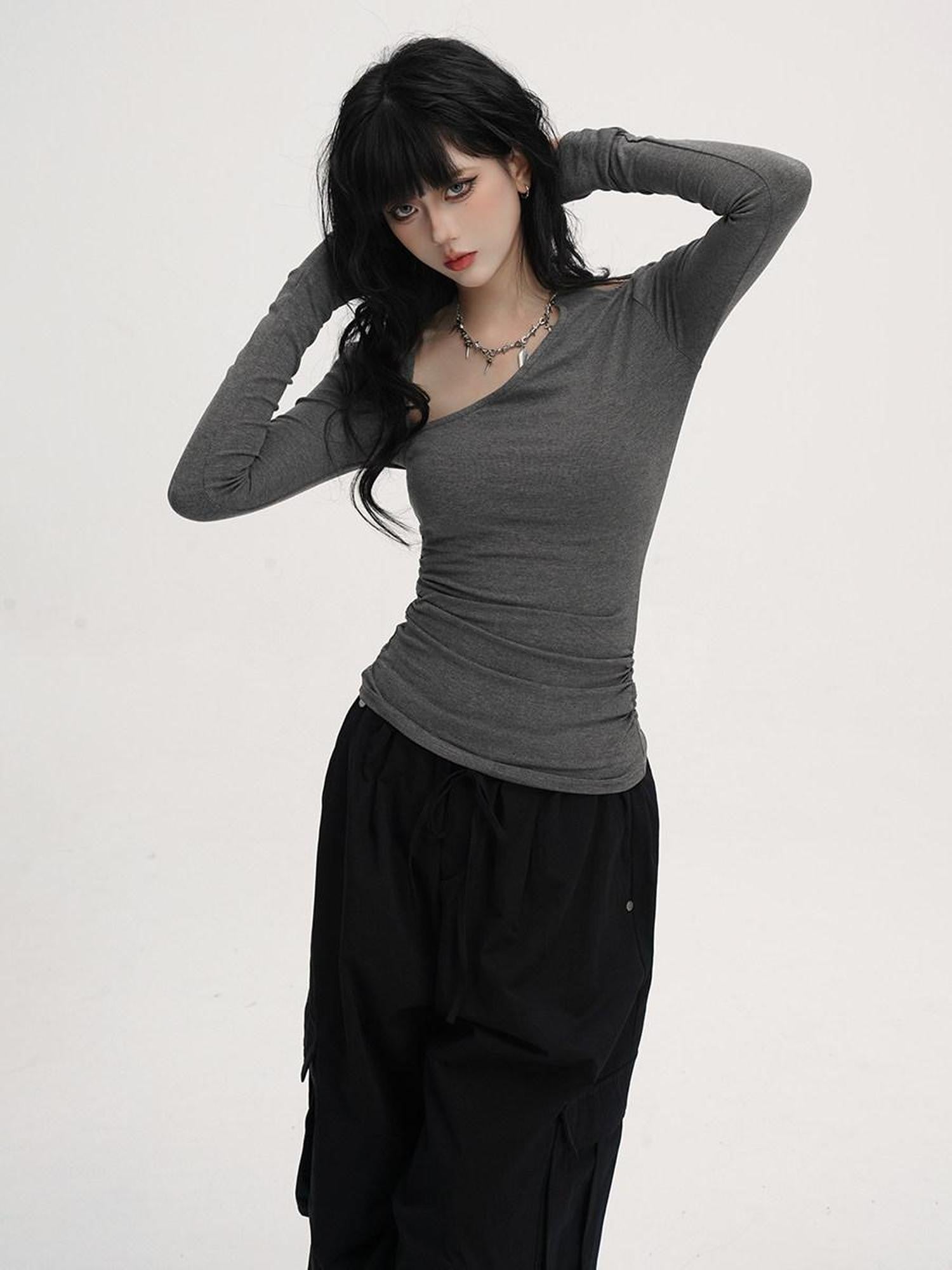 VEEMIX Blue Asymmetric Neckline Cinched Waist Women's Long Sleeve T-shirts
