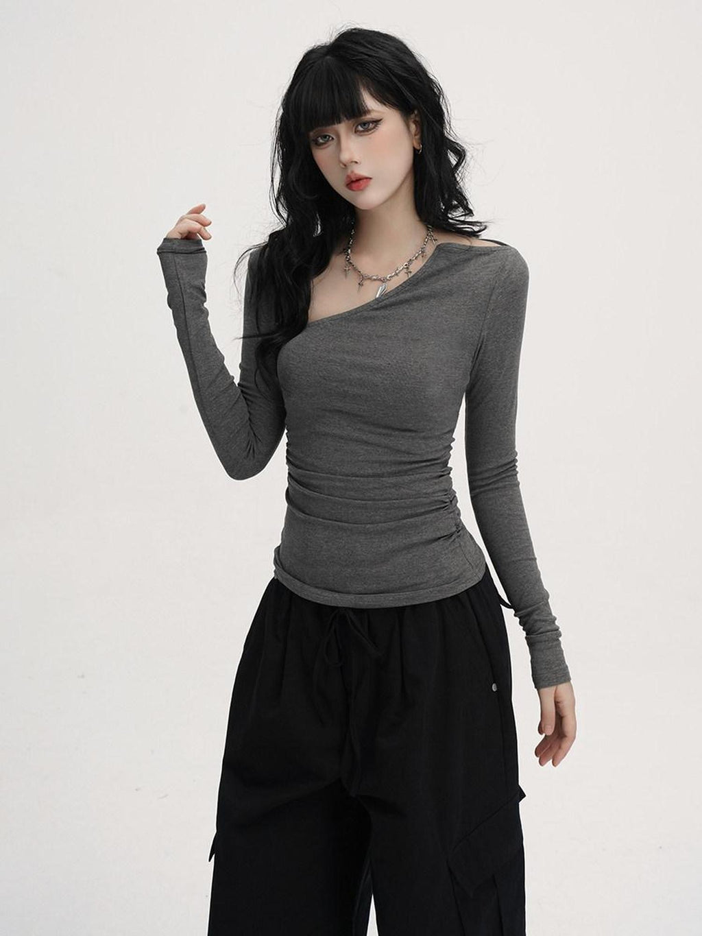 VEEMIX Blue Asymmetric Neckline Cinched Waist Women's Long Sleeve T-shirts