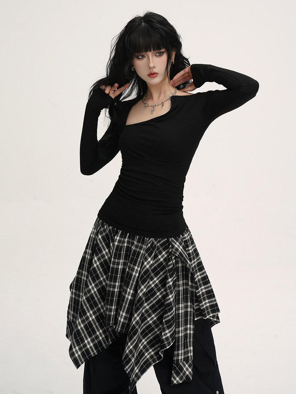 VEEMIX Blue Asymmetric Neckline Cinched Waist Women's Long Sleeve T-shirts
