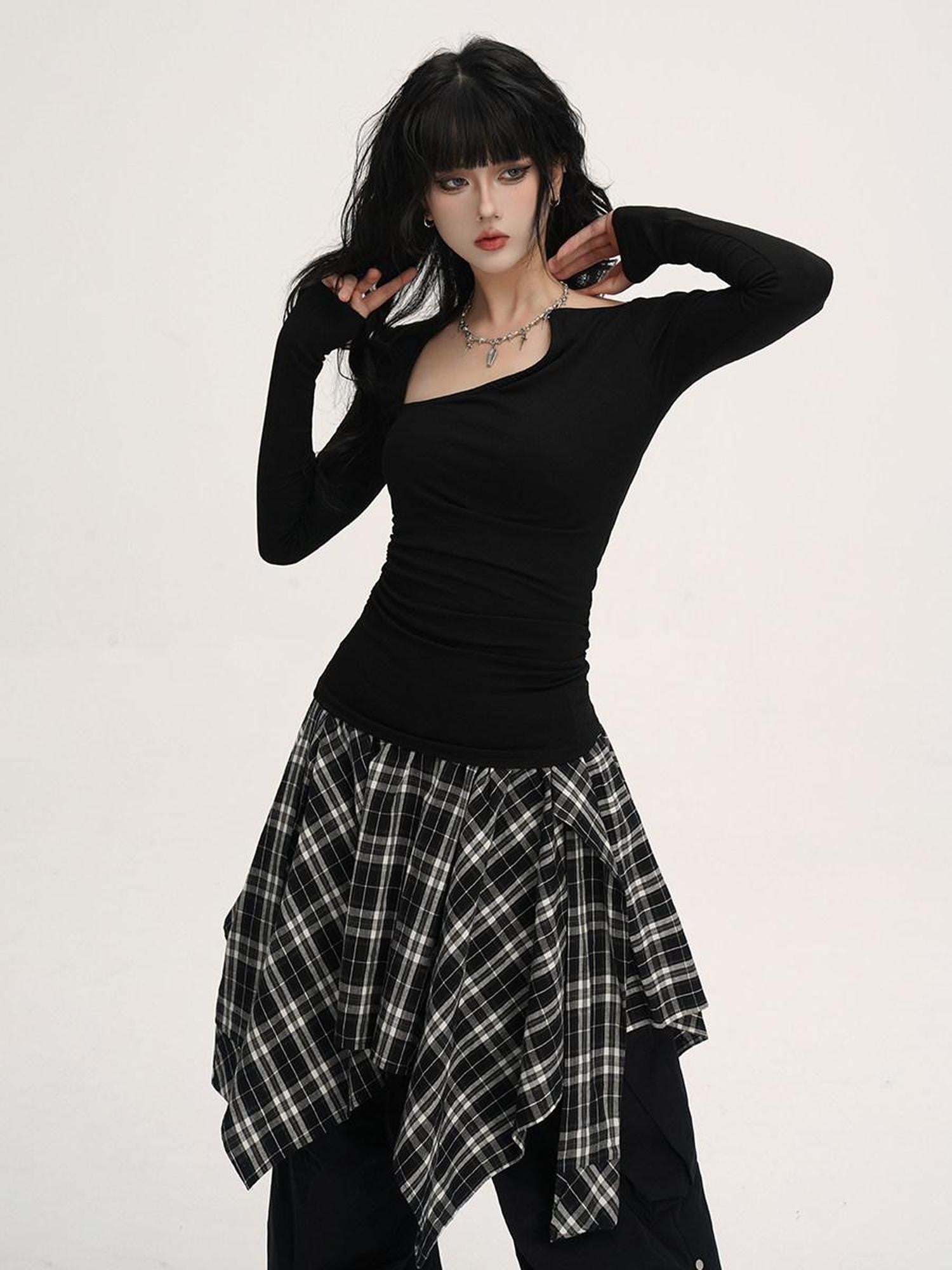 VEEMIX Blue Asymmetric Neckline Cinched Waist Women's Long Sleeve T-shirts