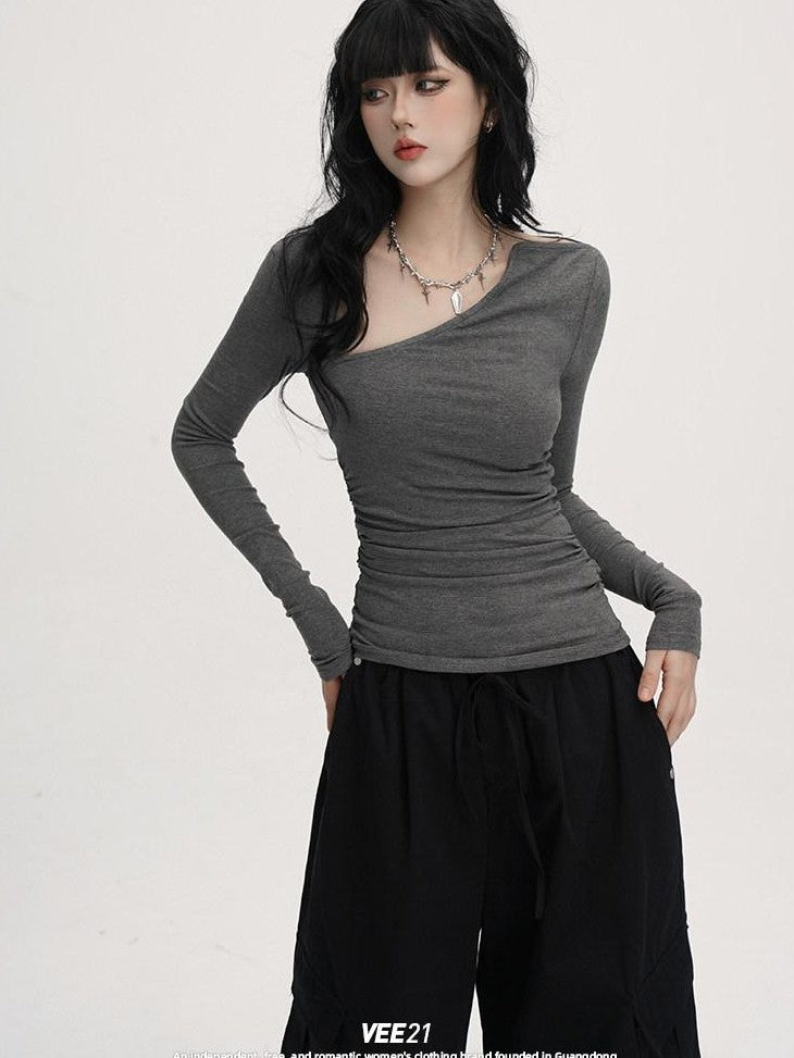 VEEMIX Blue Asymmetric Neckline Cinched Waist Women's Long Sleeve T-shirts