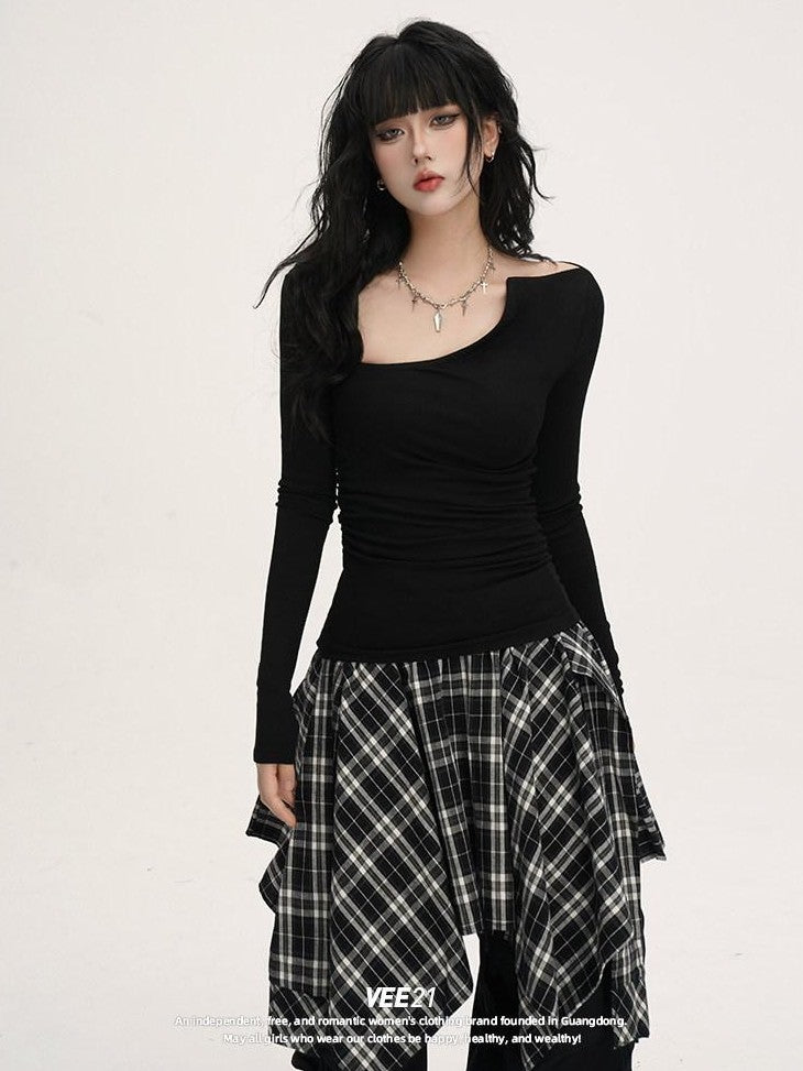 VEEMIX Blue Asymmetric Neckline Cinched Waist Women's Long Sleeve T-shirts