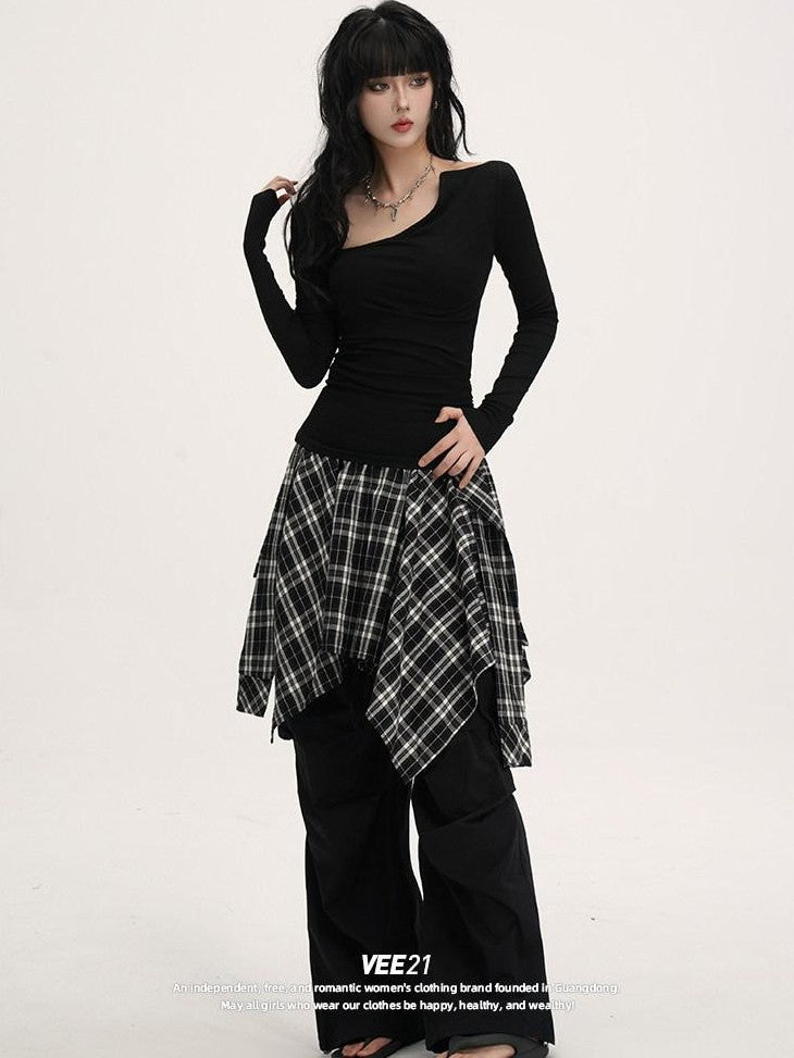 VEEMIX Blue Asymmetric Neckline Cinched Waist Women's Long Sleeve T-shirts