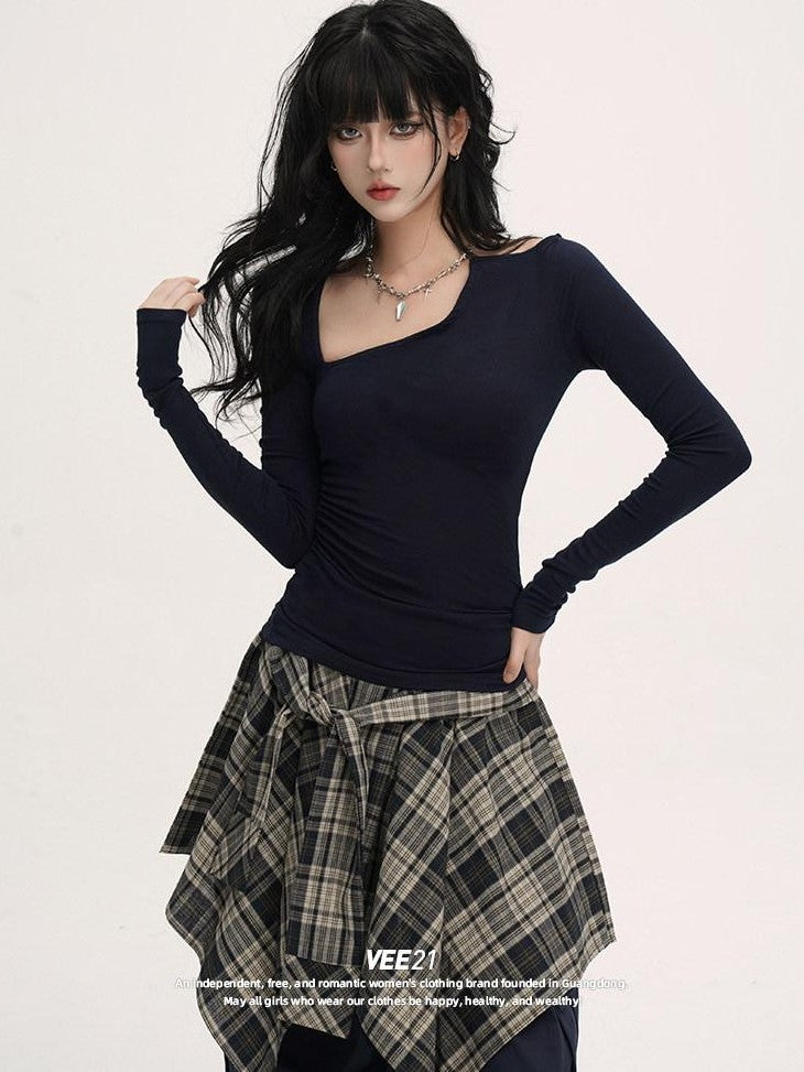 VEEMIX Blue Asymmetric Neckline Cinched Waist Women's Long Sleeve T-shirts