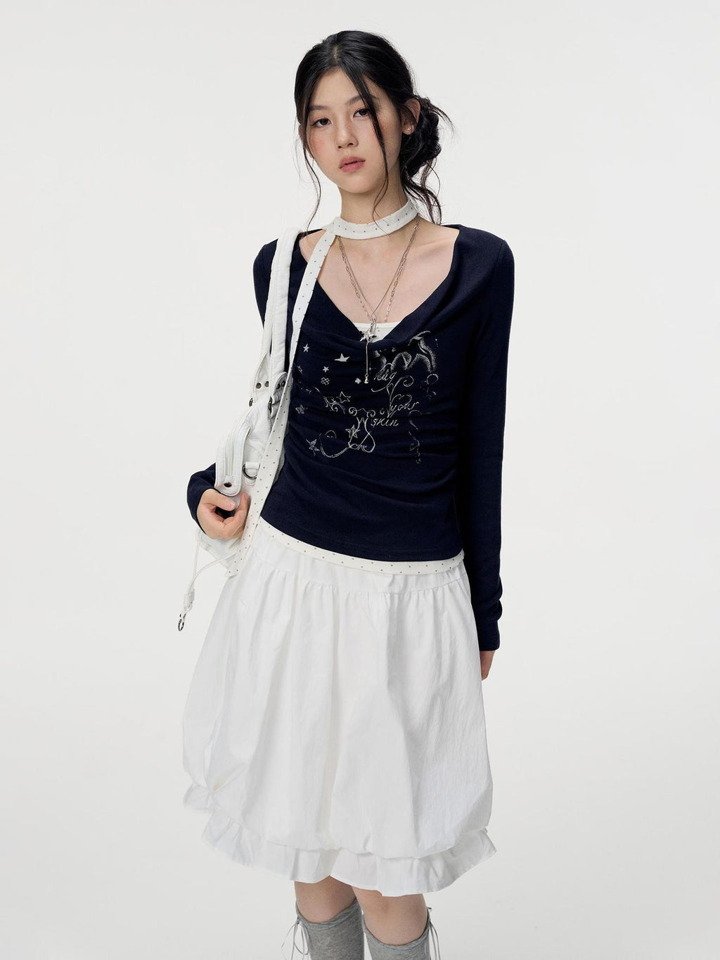 VEEMIX Blue Draped Neck Print Faux Two Piece Women's Long Sleeve T-shirts