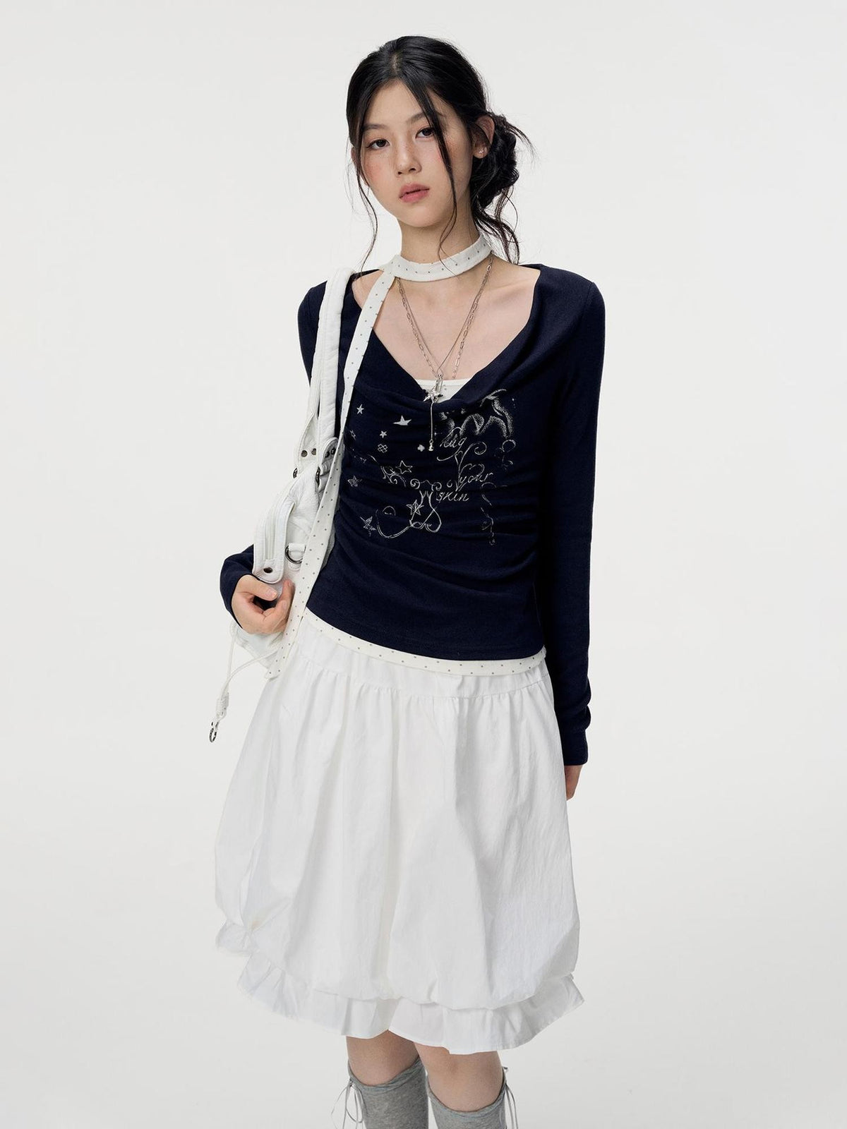 VEEMIX Blue Draped Neck Print Faux Two Piece Women's Long Sleeve T-shirts