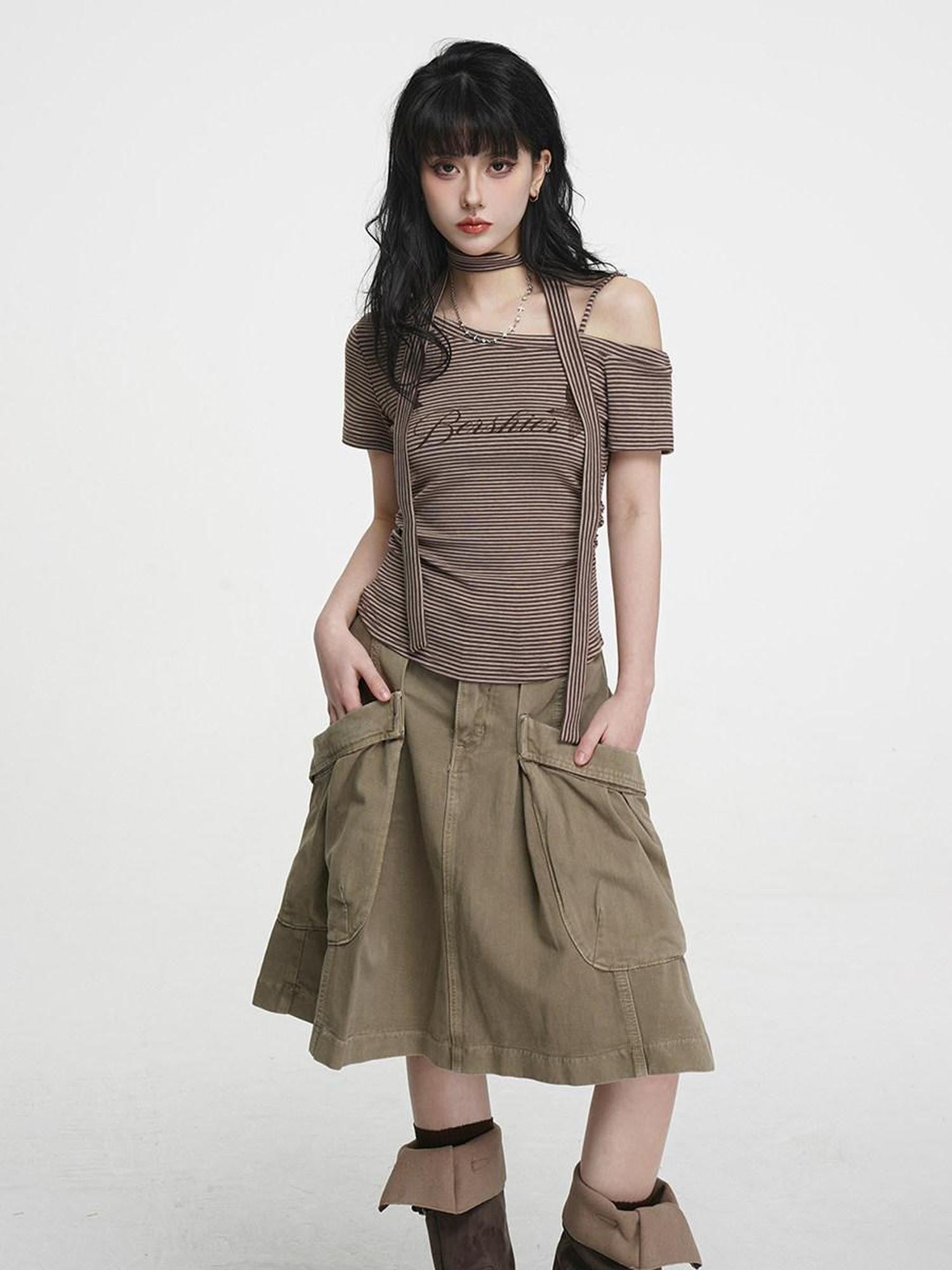 VEEMIX Brown Denim Big Pocket A Line Workwear Women's Rayon Cotton Blend Cargo Skirts