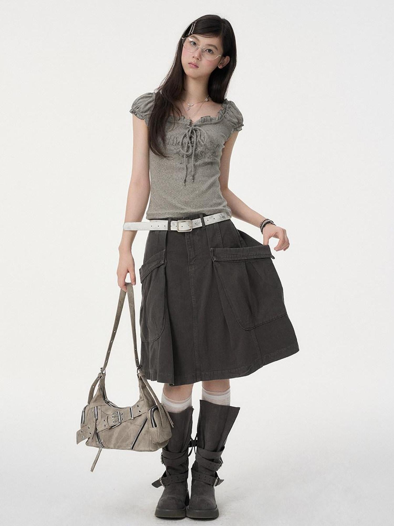 VEEMIX Brown Denim Big Pocket A Line Workwear Women's Rayon Cotton Blend Cargo Skirts