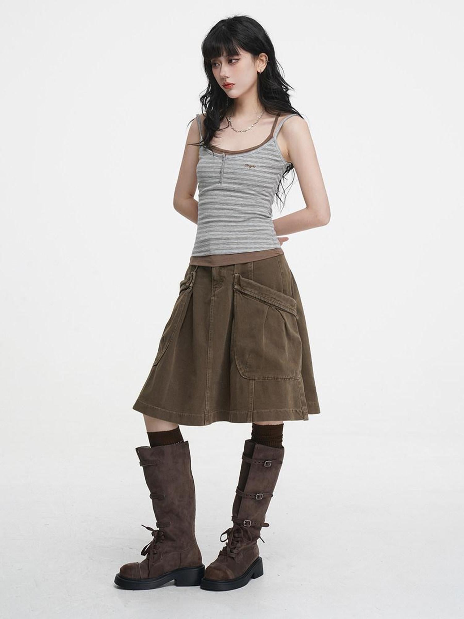 VEEMIX Brown Denim Big Pocket A Line Workwear Women's Rayon Cotton Blend Cargo Skirts