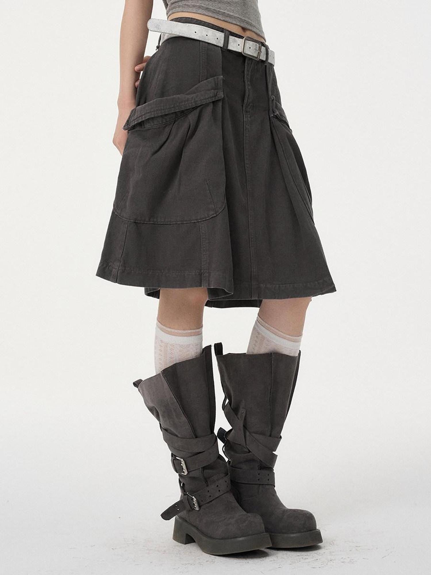 VEEMIX Brown Denim Big Pocket A Line Workwear Women's Rayon Cotton Blend Cargo Skirts