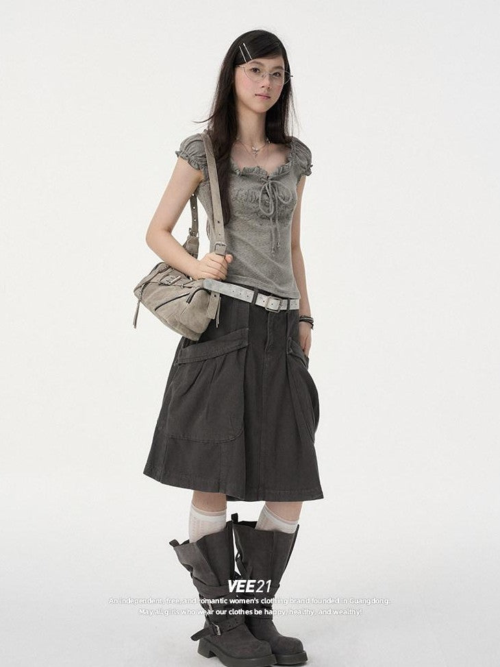 VEEMIX Brown Denim Big Pocket A Line Workwear Women's Rayon Cotton Blend Cargo Skirts