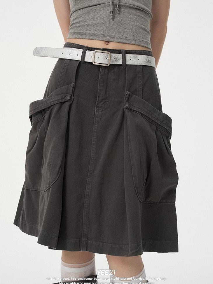 VEEMIX Brown Denim Big Pocket A Line Workwear Women's Rayon Cotton Blend Cargo Skirts