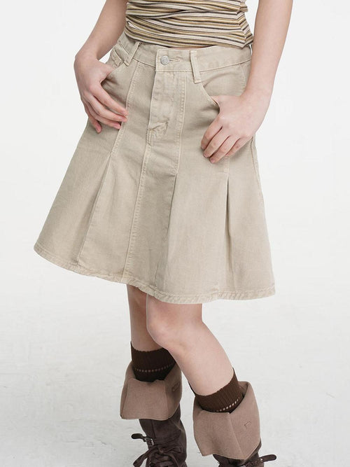 VEEMIX Brown Pleated Pocket Utility A Line Women's Cotton Midi Skirts