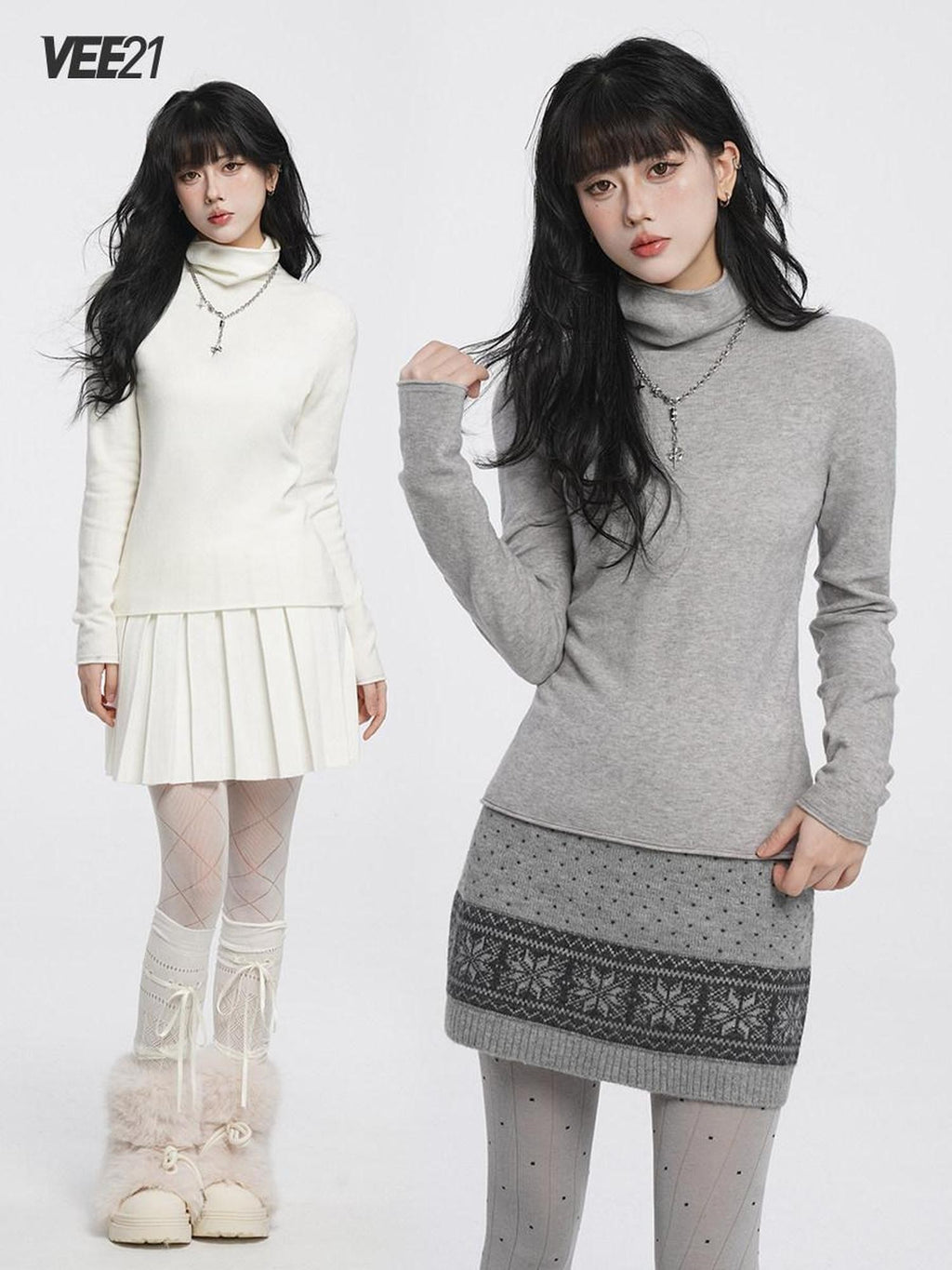 VEEMIX Brushed High Neck Slim Fit Women's Acrylic Knit Long Sleeve T-shirts