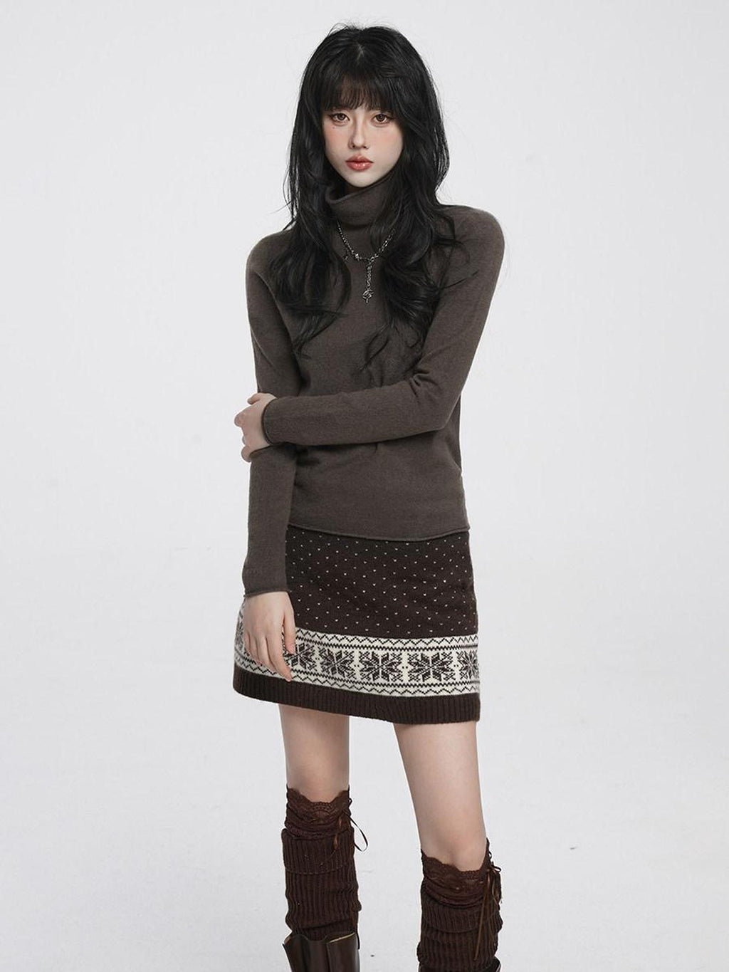 VEEMIX Brushed High Neck Slim Fit Women's Acrylic Knit Long Sleeve T-shirts