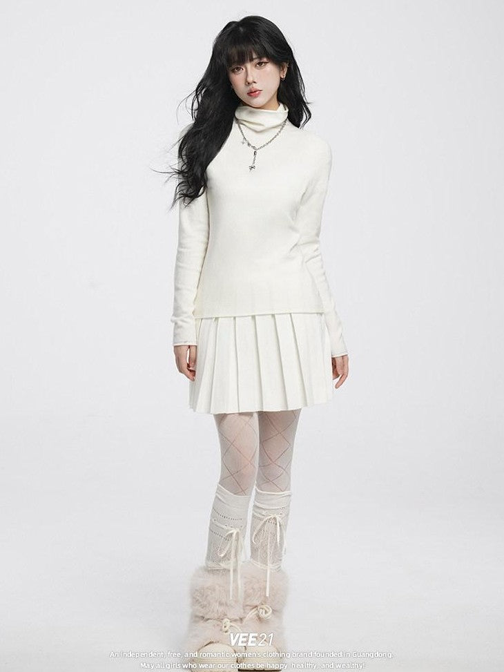 VEEMIX Brushed High Neck Slim Fit Women's Acrylic Knit Long Sleeve T-shirts