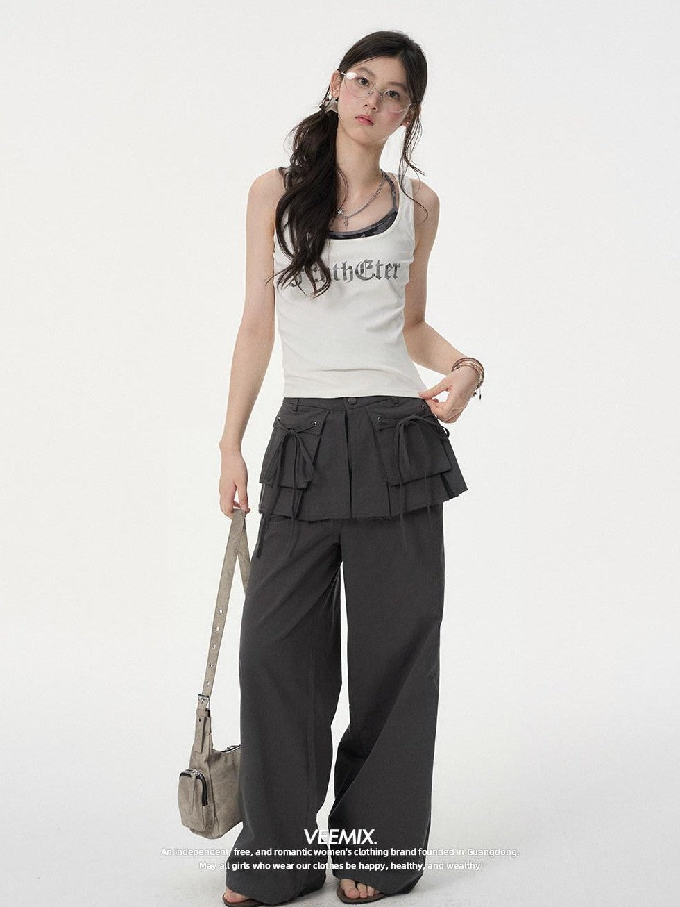 VEEMIX Cargo Pocket Mid Rise Faux Two Piece Wide Leg Women's Cotton Blend Skorts