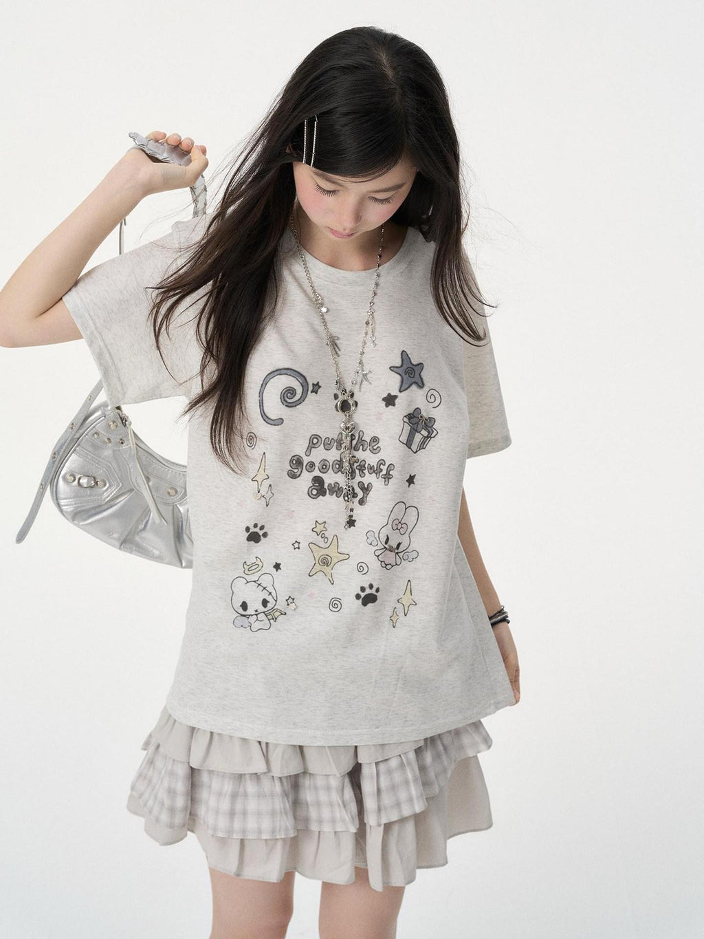VEEMIX Cartoon Rabbit Print Drop Shoulder Loose Women's Cotton Short Sleeve T-shirts