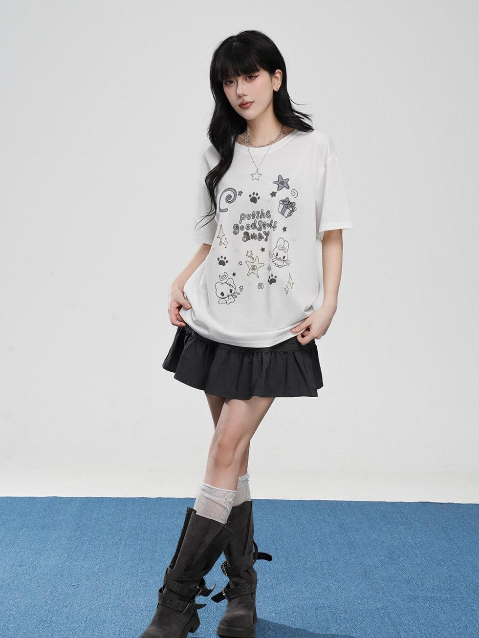 VEEMIX Cartoon Rabbit Print Drop Shoulder Loose Women's Cotton Short Sleeve T-shirts