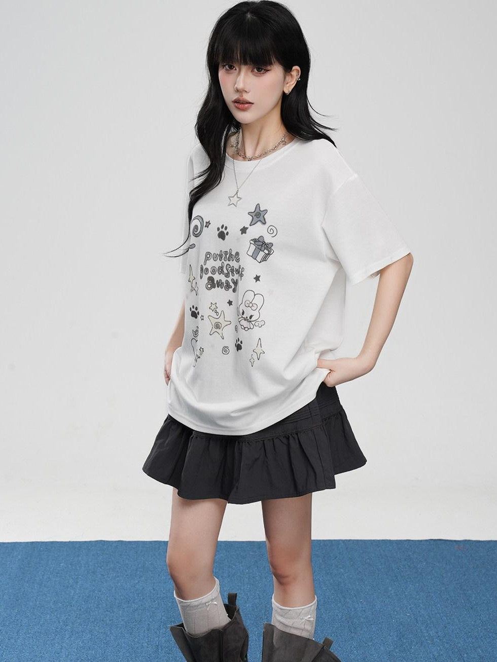 VEEMIX Cartoon Rabbit Print Drop Shoulder Loose Women's Cotton Short Sleeve T-shirts