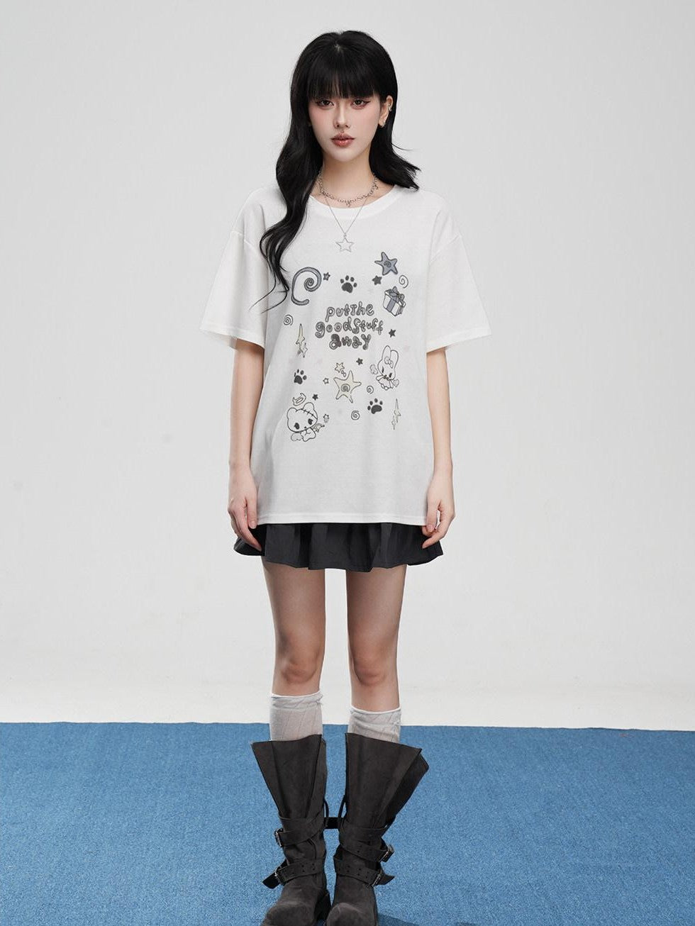 VEEMIX Cartoon Rabbit Print Drop Shoulder Loose Women's Cotton Short Sleeve T-shirts