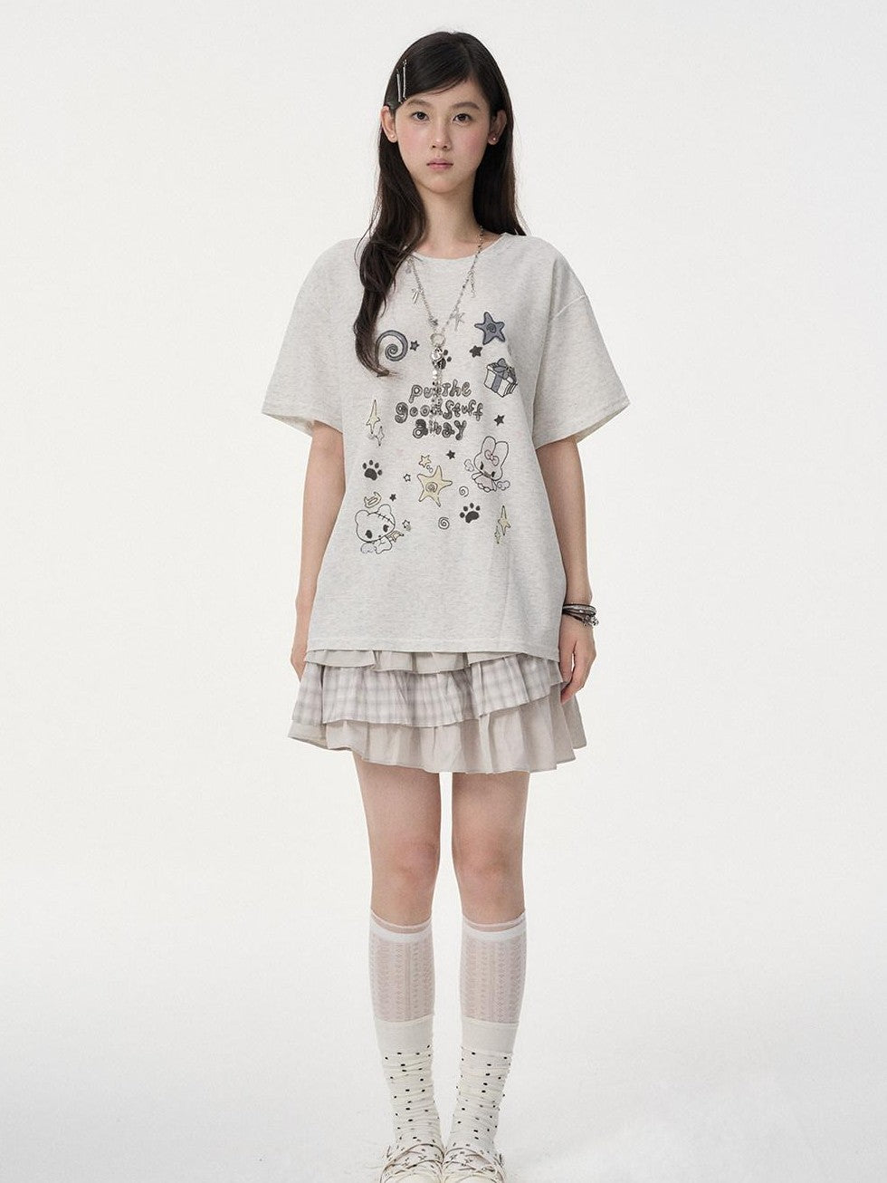 VEEMIX Cartoon Rabbit Print Drop Shoulder Loose Women's Cotton Short Sleeve T-shirts