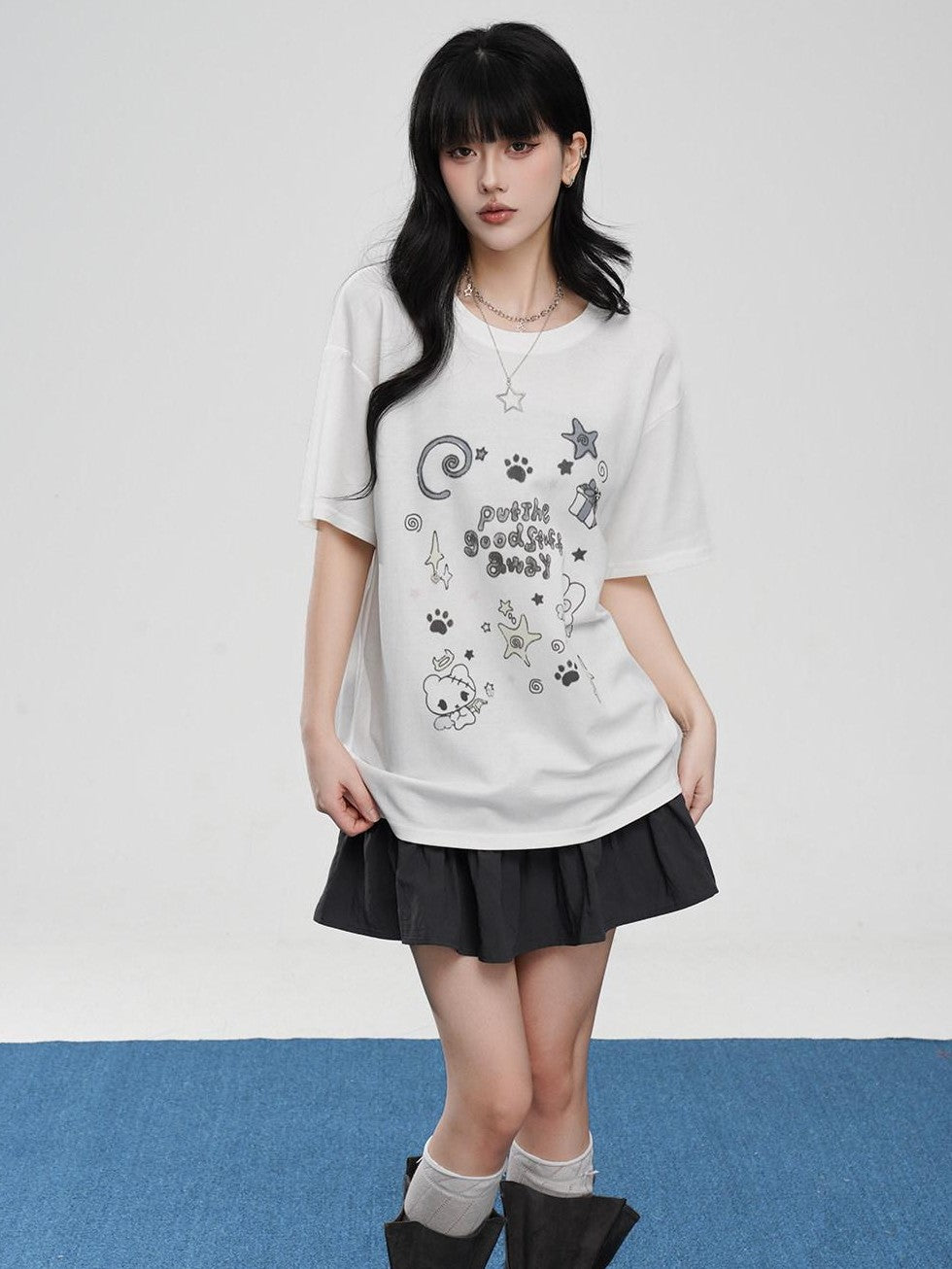 VEEMIX Cartoon Rabbit Print Drop Shoulder Loose Women's Cotton Short Sleeve T-shirts