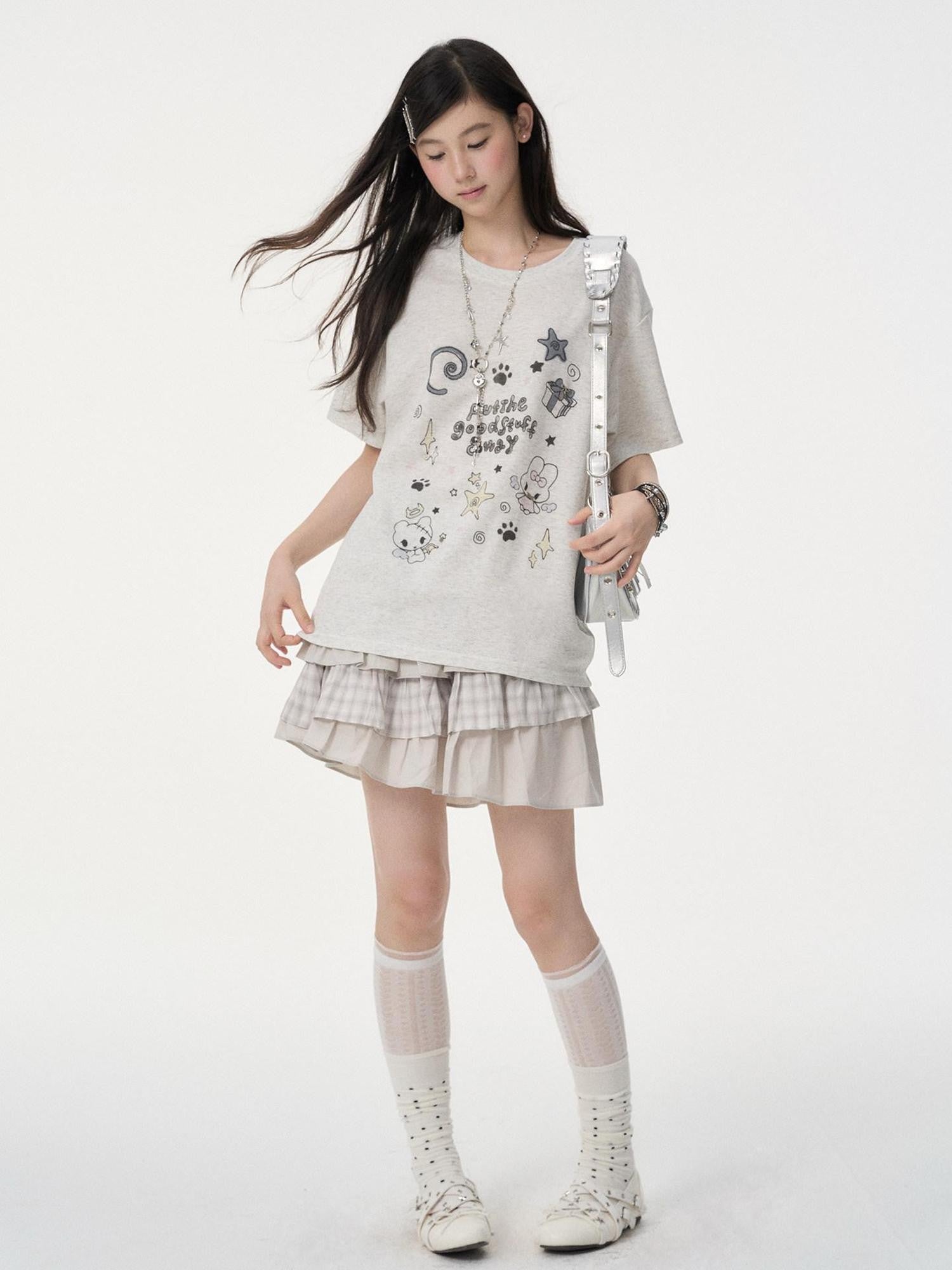 VEEMIX Cartoon Rabbit Print Drop Shoulder Loose Women's Cotton Short Sleeve T-shirts