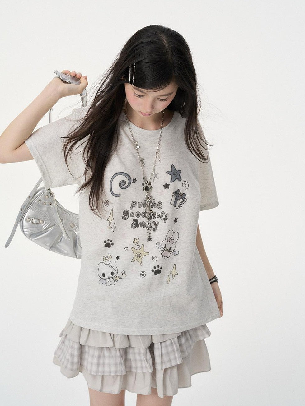 VEEMIX Cartoon Rabbit Print Drop Shoulder Loose Women's Cotton Short Sleeve T-shirts
