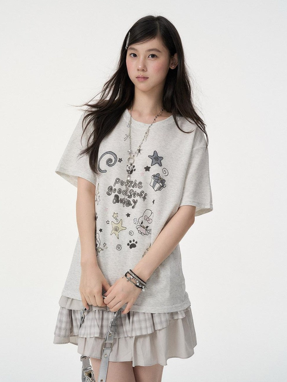 VEEMIX Cartoon Rabbit Print Drop Shoulder Loose Women's Cotton Short Sleeve T-shirts