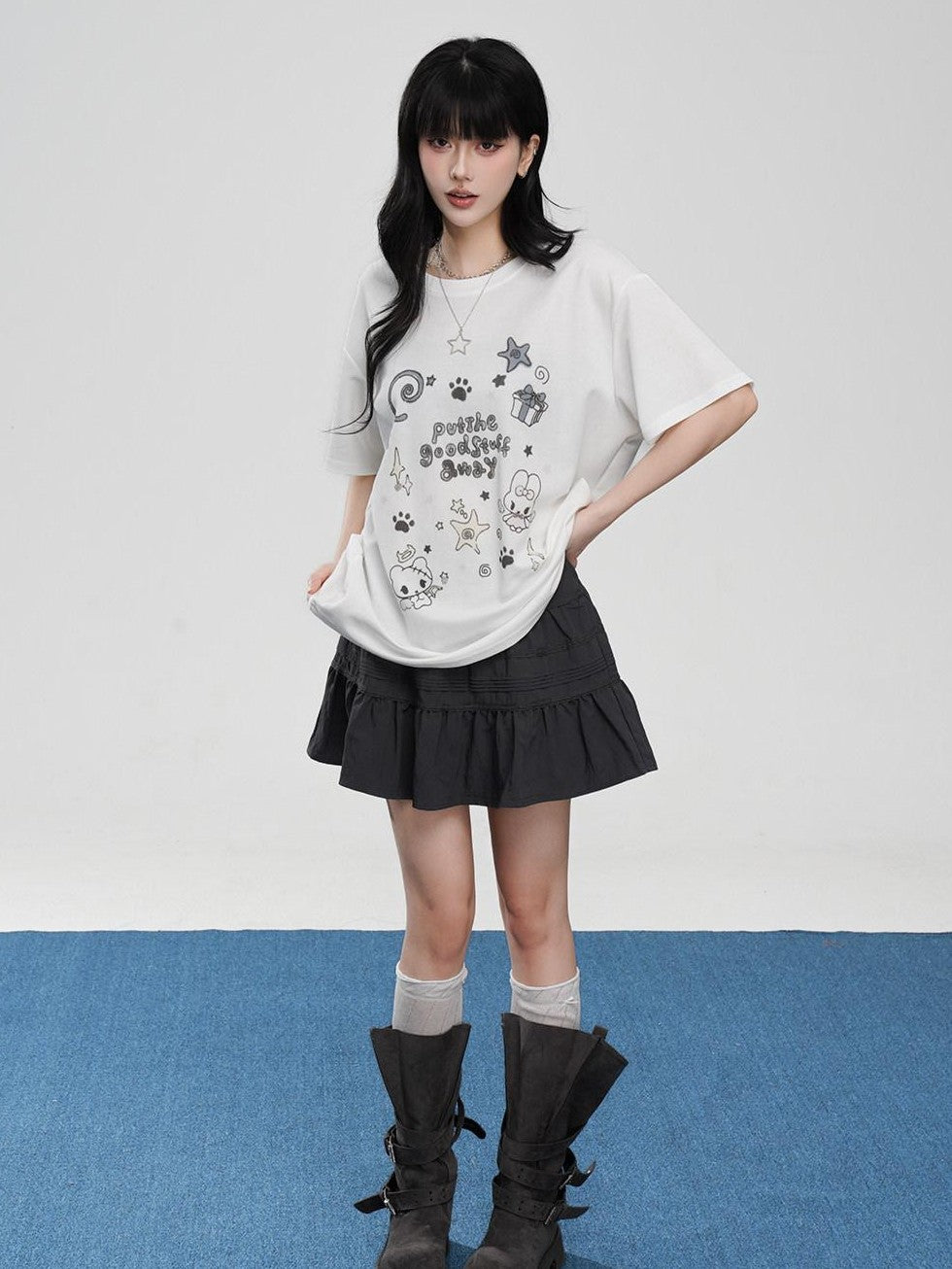 VEEMIX Cartoon Rabbit Print Drop Shoulder Loose Women's Cotton Short Sleeve T-shirts
