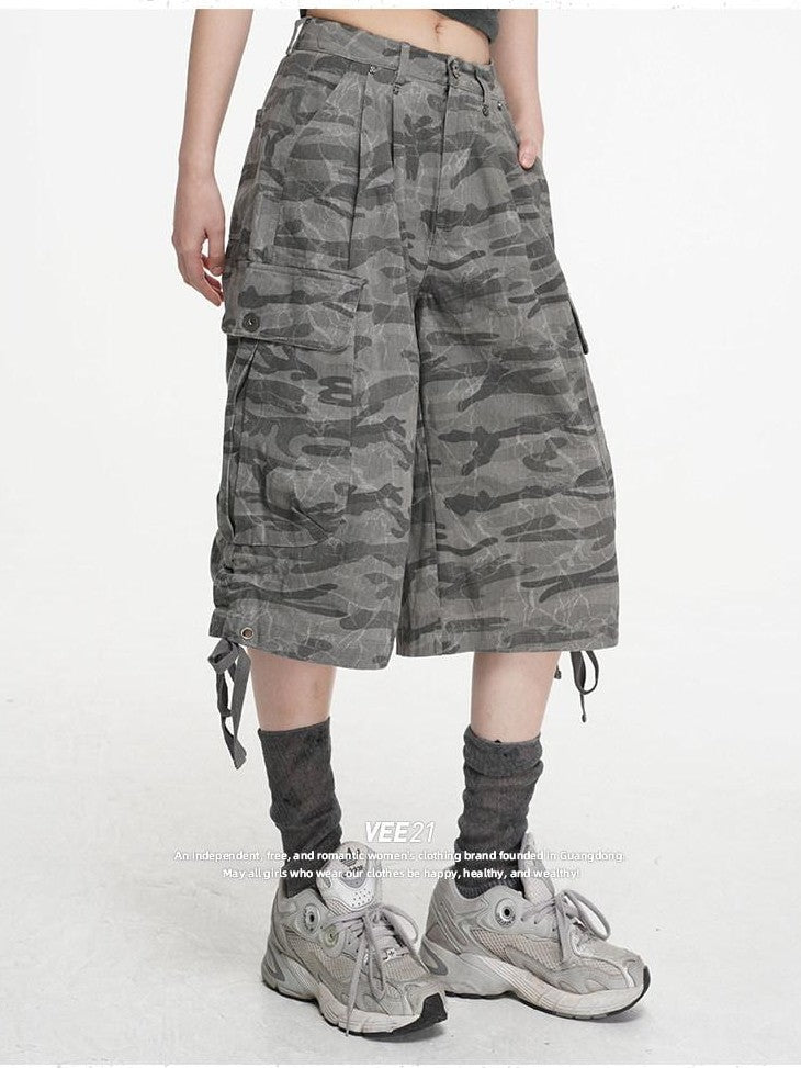 VEEMIX Cement Gray Camouflage Cargo Drawstring Pockets Women's Cropped Jeans