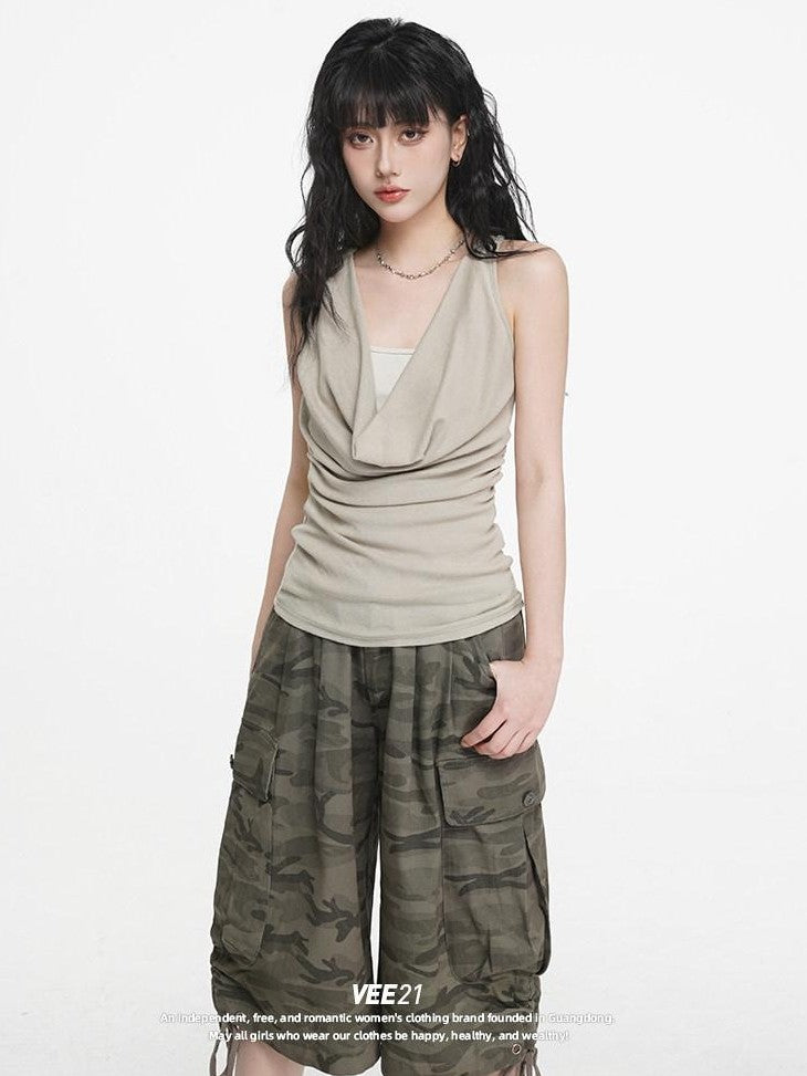 VEEMIX Cement Gray Camouflage Cargo Drawstring Pockets Women's Cropped Jeans