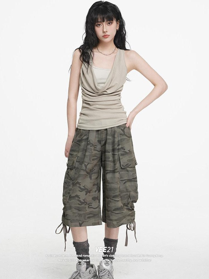 VEEMIX Cement Gray Camouflage Cargo Drawstring Pockets Women's Cropped Jeans